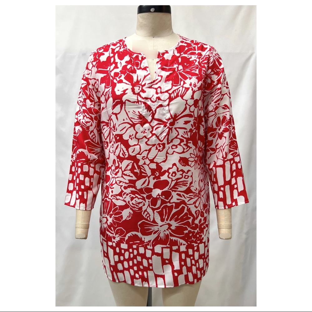 Norm Thompson Red White Pull Over V-Neck Floral Print 3/4 Sleeve Tunic